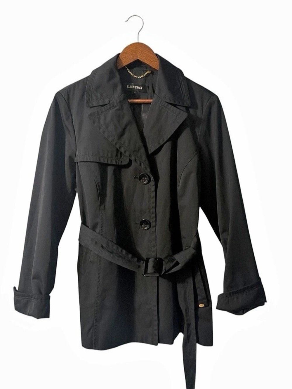 Classic Preppy Ellen Tracy Black Belted Short Trench Coat Large Minimalist